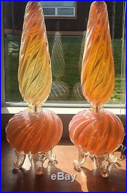 Pair Of Large Barovier E Toso Opalescent Art Glass Table Lamps Murano Italy