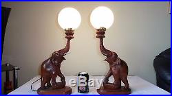 Pair Of Period Art Deco Carved Oak Elephant Table Lamp With Opaque Glass Shade