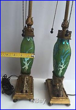 Pair Of Steuben Green Jade Acid Etched Art Glass Lamps with Swan Base