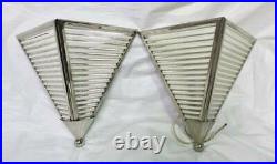 Pair Of Vintage Antique Old Art Deco Nickel Brass glass Triangular Wall Sconces