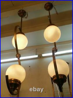 Pair Old Art Deco Bauhaus Fixture Ceiling Brass Hanging Light Milk Glass Lamp