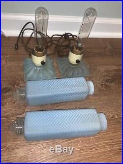 Pair Vintage Art Deco Blue Frosted Glass Bullet Torpedo Skyscraper Boudoir Lamps