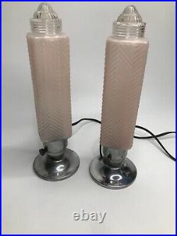 Pair Vintage Art Deco Pink Frosted Glass Bullet Torpedo Skyscraper Boudoir Lamps