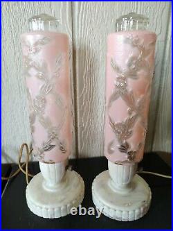 Pair Vintage Electrolite Art Deco Glass Cylinder Pink Boudoir Bedroom Lamps