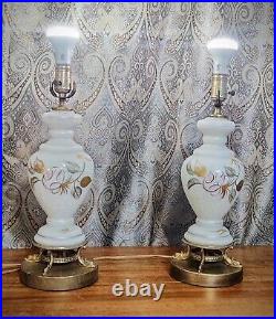 Pair Vintage MCM Venetian Lamp Art Glass Hand Painted Gold Flowers Brass Footed