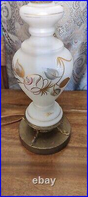 Pair Vintage MCM Venetian Lamp Art Glass Hand Painted Gold Flowers Brass Footed