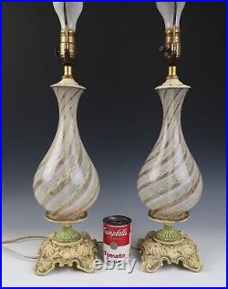 Pair Vintage Murano Lime Green Latticino Glass Lamps Mid-Century Modern Italian