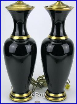 Pair Vintage Murano Vetri Cenedese Black Glass Vases Lamps Gold Trim Mid Century