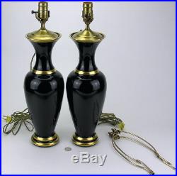 Pair Vintage Murano Vetri Cenedese Black Glass Vases Lamps Gold Trim Mid Century