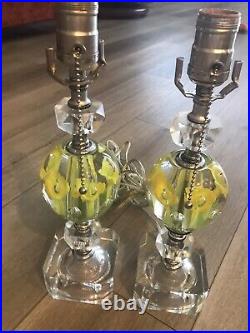 Pair Vintage ST CLAIR Art Glass YellowithClear Paperweight Lamp Bases