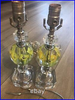 Pair Vintage ST CLAIR Art Glass YellowithClear Paperweight Lamp Bases