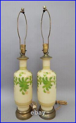 Pair antique art deco opaline painted Bristol glass vase table lamps regency