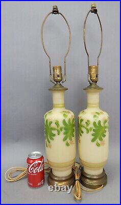 Pair antique art deco opaline painted Bristol glass vase table lamps regency