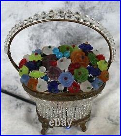 Pair of 2 Art Deco Czech Bohemian Crystal Beaded Glass Flower Basket Table Lamps