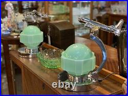 Pair of Aeronautique Lamps with Original Art Deco Jade Green Glass Shades