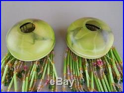 Pair of Antique Art Deco Green Marbled Glass Lamp Shades Beaded Fringe Bohemian