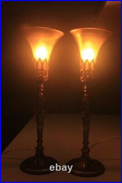 Pair of Art Deco Gilt Metal Table Lamps with Tiffany Style Iridescent Shades