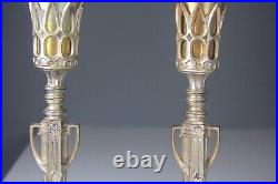 Pair of Art Deco Gilt Metal Table Lamps with Tiffany Style Iridescent Shades