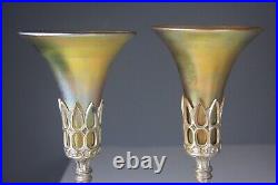 Pair of Art Deco Gilt Metal Table Lamps with Tiffany Style Iridescent Shades