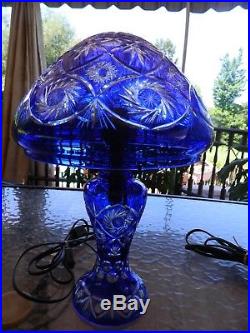 Pair of BLUE Cut to Clear BOHEMIAN Glass LAMP SHADE & PEDESTAL Double Light