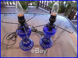 Pair of BLUE Cut to Clear BOHEMIAN Glass LAMP SHADE & PEDESTAL Double Light