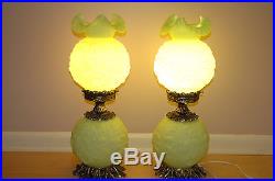 Pair of Fenton Lime Green Satin Glass GWTW Lamps-Poppy Poppies-Uranium #9101