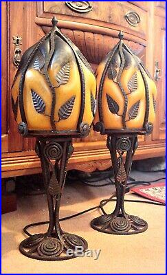 Pair of French Art Deco Lamps in Wrought Iron with Coloured Art Glass Shades