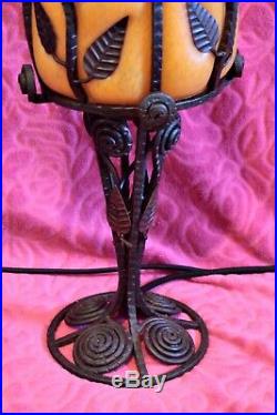 Pair of French Art Deco Lamps in Wrought Iron with Coloured Art Glass Shades