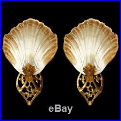 Pair of French Art Nouveau Frosted Glass Lamp Shades & Brass Wall Lights-Sconces