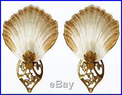 Pair of French Art Nouveau Frosted Glass Lamp Shades & Brass Wall Lights-Sconces