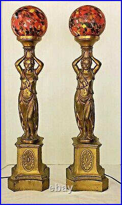 Pair of French Figural Art Nouveau Brass Spelter Lamps, Art Glass Lamp Globes