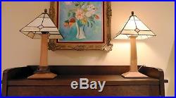Pair of Stickley Mission Collection Lamps with Art Glass Shades