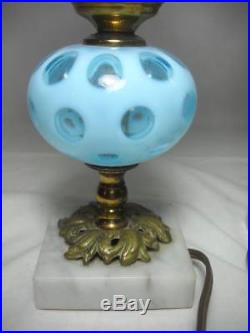 Pair of Vintage Fenton Blue Coin Dot Boudoir Lamps with Frosted Shades