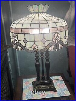 Pink Art Nouveau Stained Glass Handcrafted Table Lamp Dual Light Base WOW
