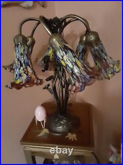 Pond Lilly Trumpet Flower Lamp 6 Art Glass Shades Metal Base
