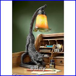 Pouncing Black Cat Desk Lamp Art Glass Shade Feline Illuminated Sculpture