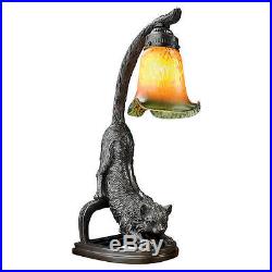 Pouncing Black Cat Desk Lamp Art Glass Shade Feline Illuminated Sculpture