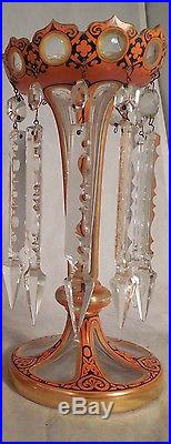 Pr 19th C Bohemian Art Cut Glass Crystal Candleholder Mantle Luster Lamp Orange
