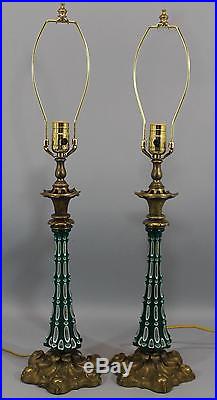 Pr Antique 19thC Bohemian Cut Overlay Art Glass & Bronze Candlestick Lamps NR