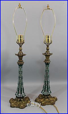 Pr Antique 19thC Bohemian Cut Overlay Art Glass & Bronze Candlestick Lamps NR