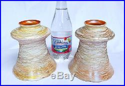 Pr Antique Art Glass Signed Quezal Lamp Shades with Iridized Gold Thread