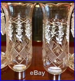 Pr Antique Baccarat style HURRICANE MANTEL LAMP Cut Crystal/HandDecorated Enamel