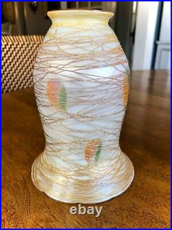 Quezal Art Glass Lamp Shade Hanging Heart Threaded Aurene Shade Signed