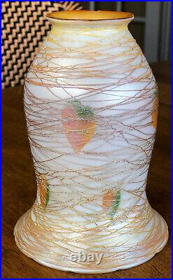 Quezal Art Glass Lamp Shade Hanging Heart Threaded Aurene Shade Signed