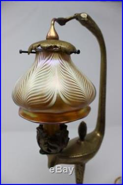 Quezal Pulled Feather Art Glass Shade Lamp With Bronze Eagle Base Circa 1900