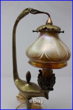 Quezal Pulled Feather Art Glass Shade Lamp With Bronze Eagle Base Circa 1900