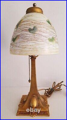 Quezal Signed Art Glass Shaded Gilded Table Lamp Spun Leaf Vine Antique c1910