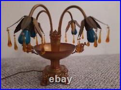 RARE! Antique 1920 BROTHEL Art DECO Nouveau POLYCHROME TABLE LAMP Glass Drops
