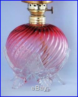 RARE Antique Cranberry Ribbied Swirl Art Glass Miniature Oil Lamp, S1-539