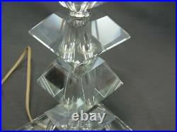 RARE Art Deco Era Cut Crystal Chrome Double Table Lamp Light Etched Satin Shades